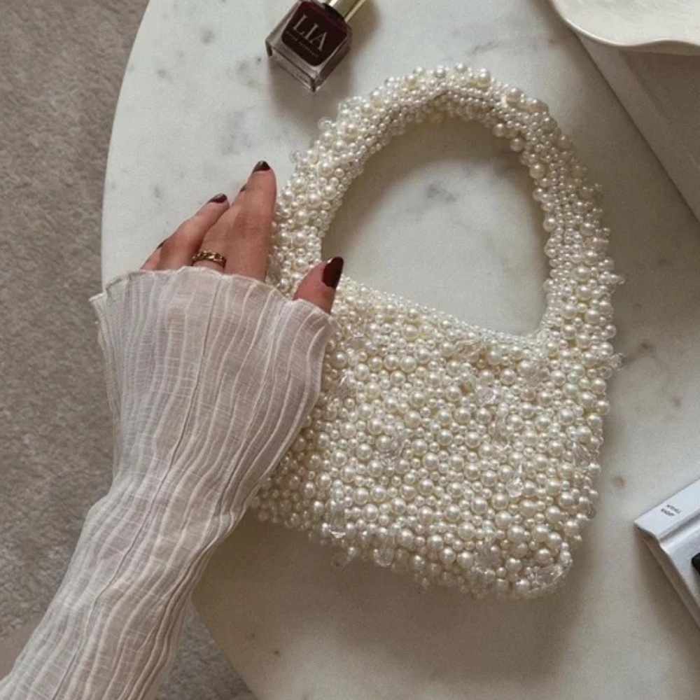 Zara Elegant Pearl-Embellished White Handbag